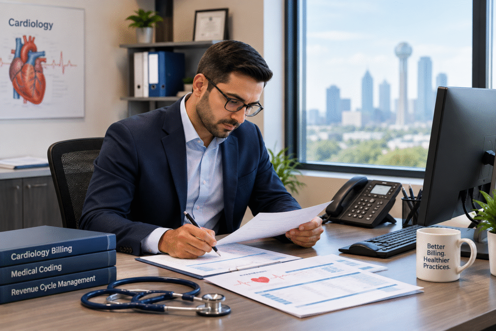 Cardiology billing specialist reviewing medical billing documents in a professional Dallas office