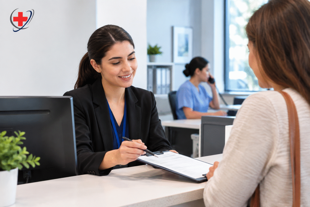 Medical receptionist assisting a patient at a clinic front desk, representing connected front-desk and medical billing workflows.