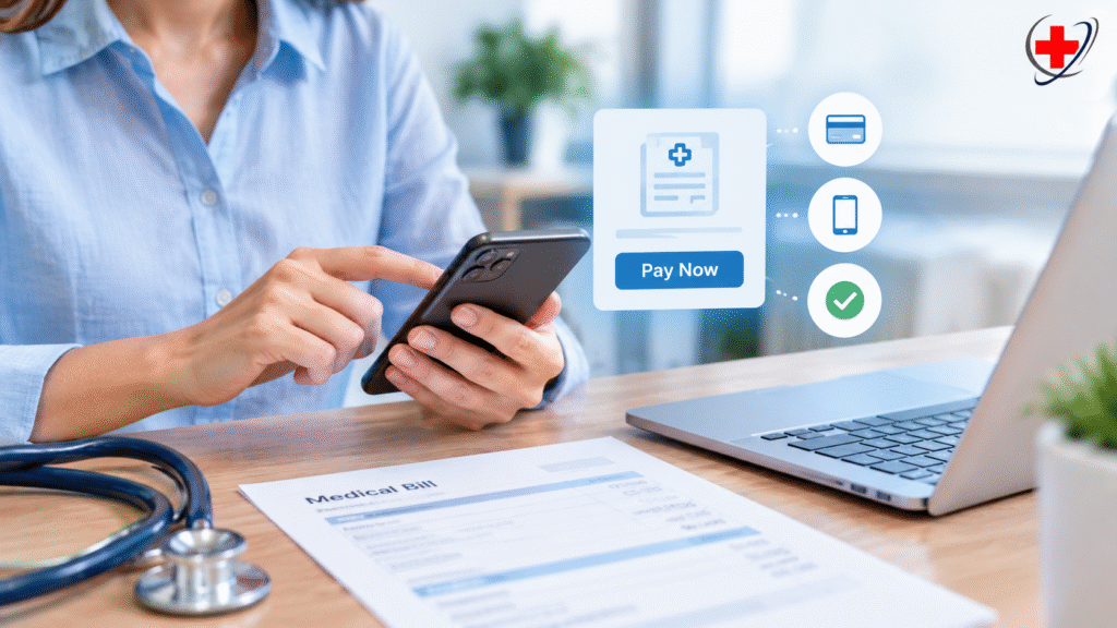 Patient using a smartphone for convenient digital medical bill payment