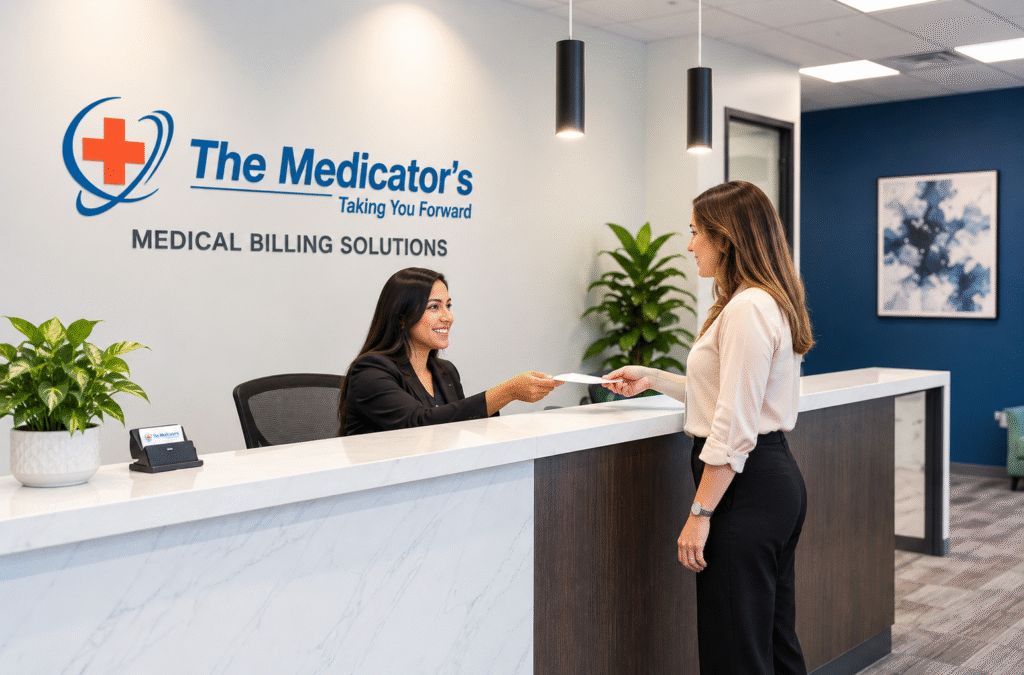 Modern medical billing office reception with The Medicator’s branding and receptionist assisting a visitor.