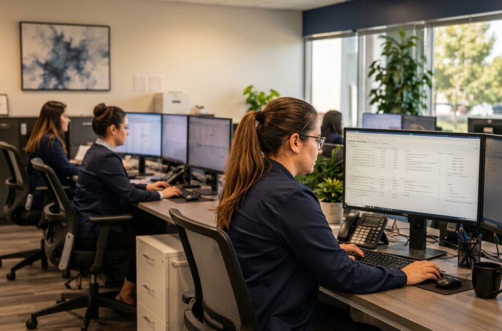 Three female office employees sitting at line of desks working on computer monitors in a well-lit, modern corporate office.