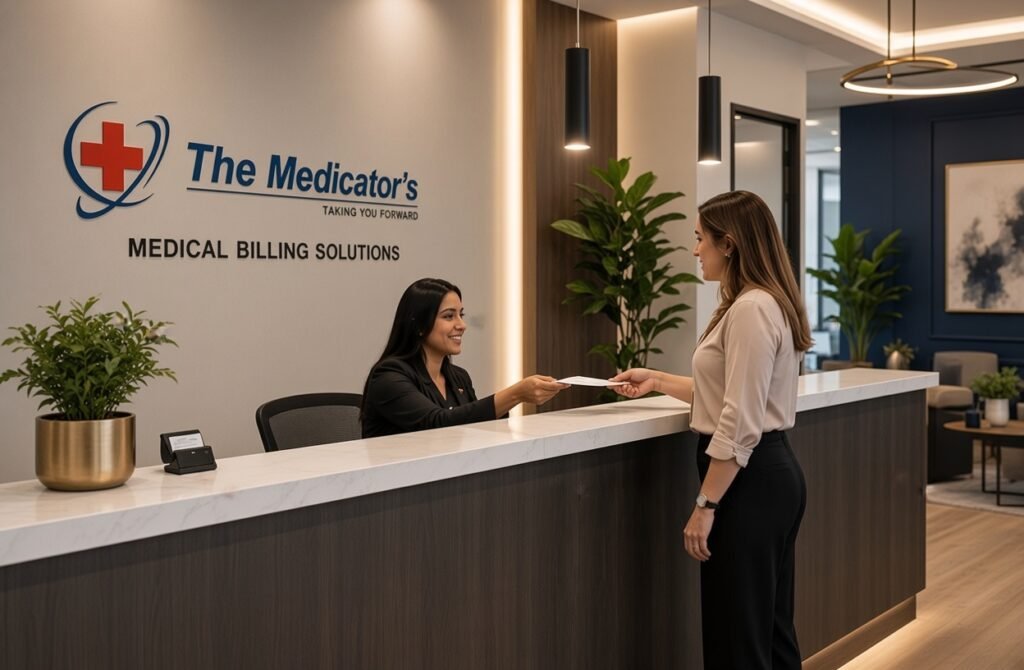 A smiling woman in a black blazer behind a modern white marble reception desk hands a document to a standing woman in a beige blouse and black pants, with the wall logo “The Medicator’s Taking You Forward – Medical Billing Solutions” and plants in a bright contemporary office.