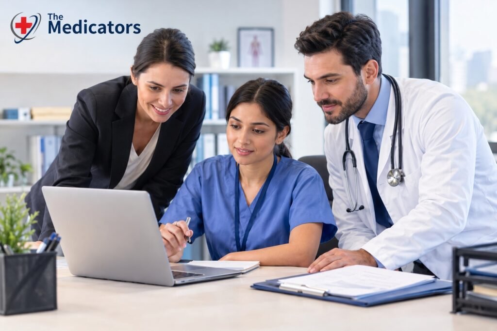 Three healthcare professionals — a woman in a black blazer, a nurse in blue scrubs, and a male doctor in a white coat with a stethoscope — smile and lean in to view a laptop screen together in a bright modern office, with a simple red cross logo in the top-left corner.