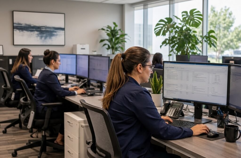 Three professional women in navy blue attire work at dual-monitor computer stations in a bright, modern open-plan office with large windows, green plants, and contemporary artwork.