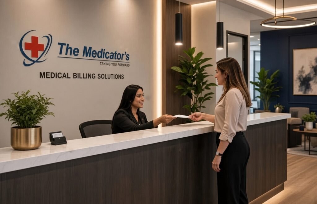 A smiling receptionist in a black blazer sits behind a modern reception desk and hands a document to a standing woman in a beige blouse and black pants at The Medicator’s Medical Billing Solutions office.
