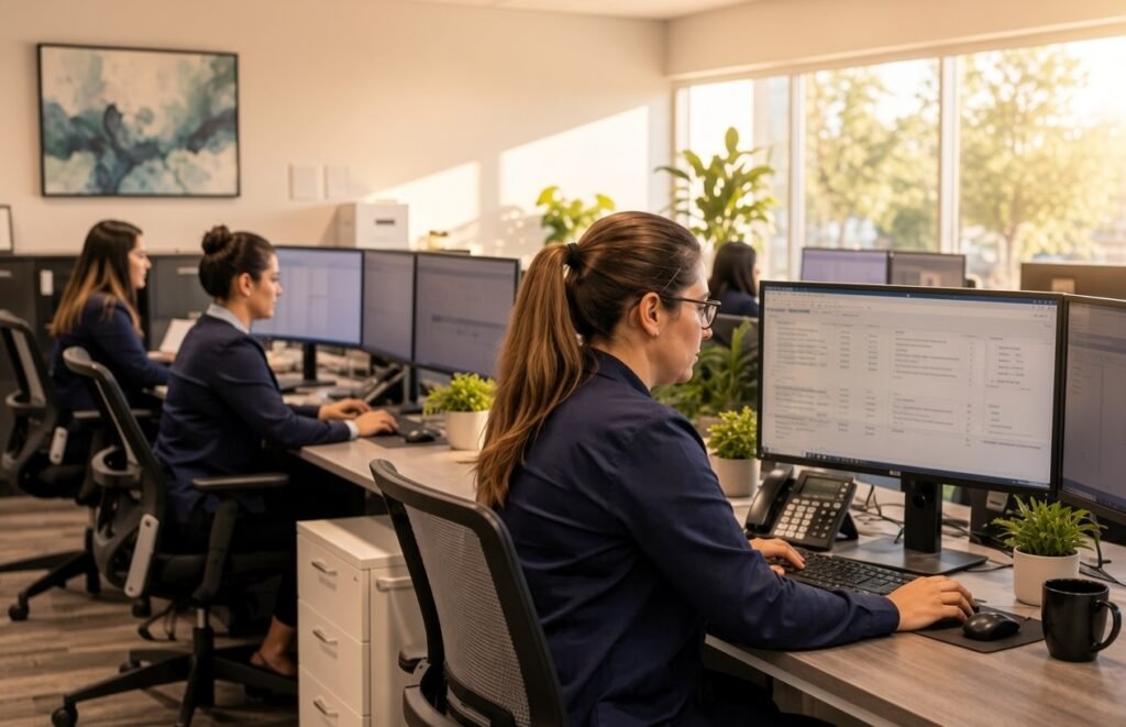 Professional women working at dual computer monitors in a bright modern office with natural light, plants, and contemporary desks