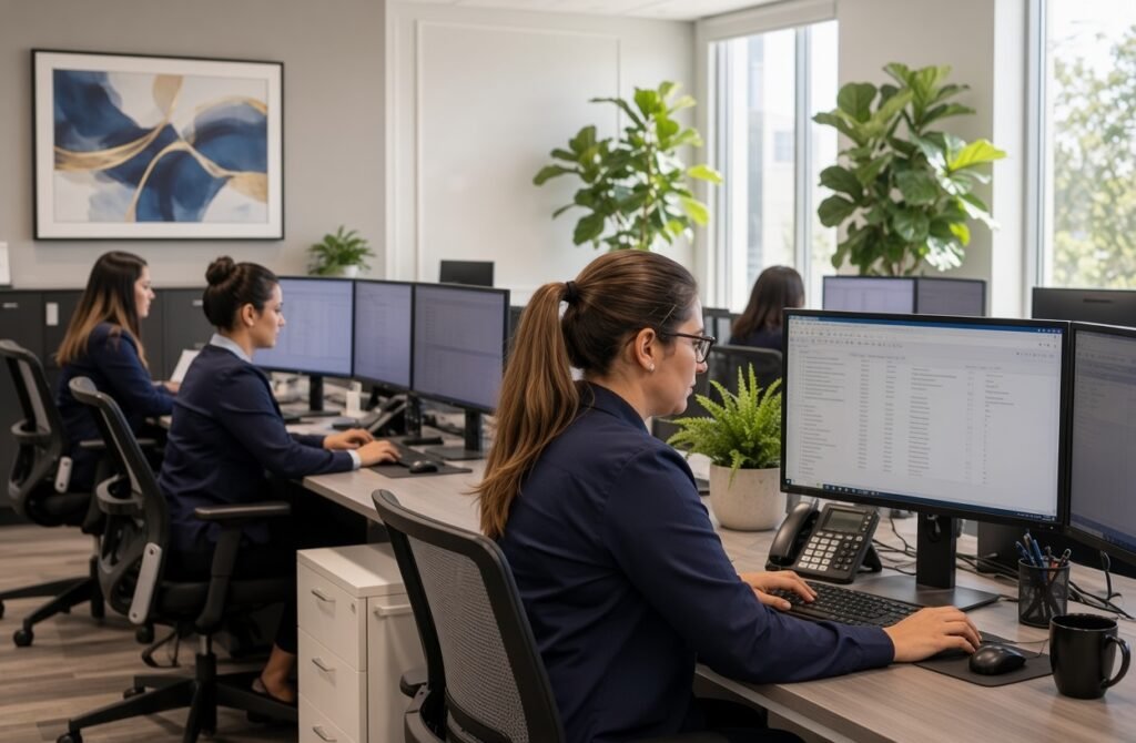 Three professional women in navy blue attire work at dual-monitor computer stations in a bright, modern open-plan office with large windows, green plants, and contemporary artwork.