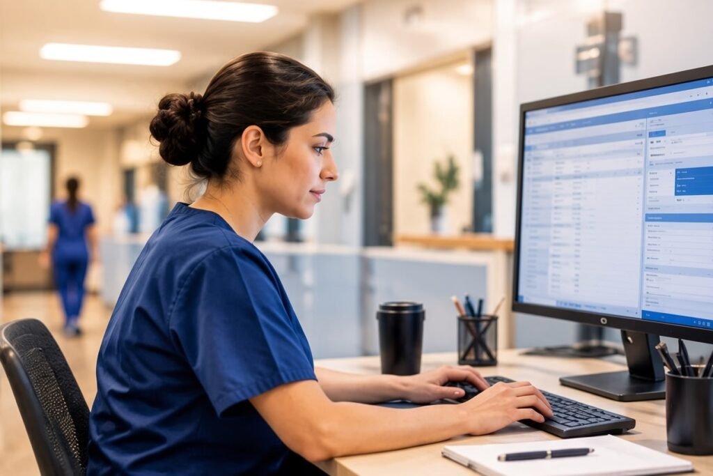 A woman in navy blue medical scrubs with dark hair in a bun sits in profile at a desk, typing on a keyboard while viewing a blue-and-white software interface on a large monitor. Soft warm lighting fills a modern hospital hallway in the background, where another staff member in blue scrubs walks away.