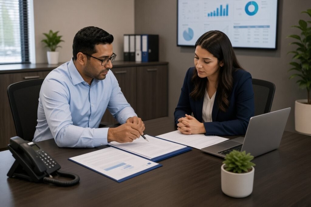 Two professionals, a man in a light blue shirt and a woman in a navy blazer, sit across from each other at a dark conference table reviewing documents and charts in a modern office with a presentation screen in the background.