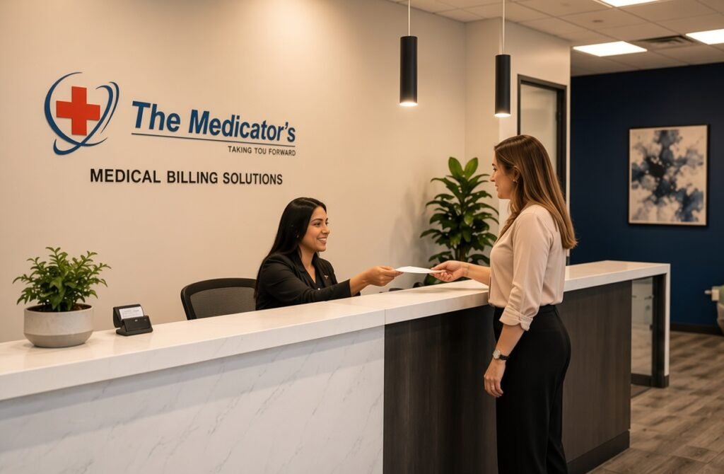 Smiling receptionist in a black blazer hands a document across a white marble counter to a standing woman in a beige blouse at a modern medical billing office; the wall behind displays the logo “The Medicator’s – Taking You Forward – Medical Billing Solutions.”