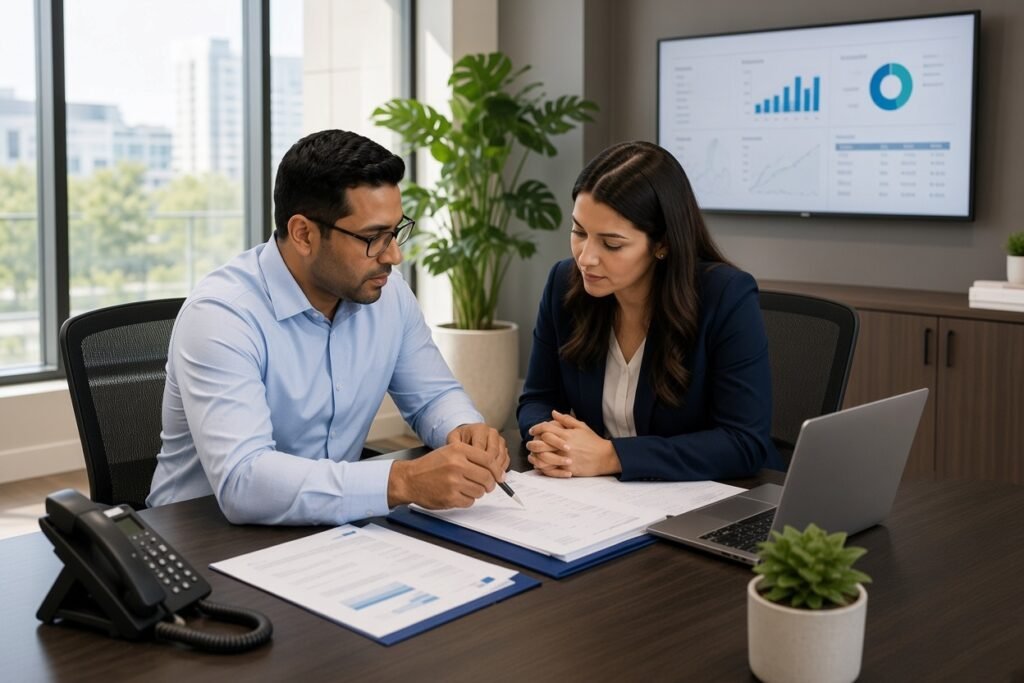 A man in a light blue shirt and glasses and a woman in a navy blazer sit across a dark conference table reviewing documents, with a large wall-mounted screen displaying blue bar and pie charts in a bright modern office with large windows and plants.