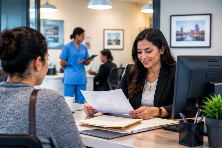 Pediatric billing specialist reviewing medical claims in San Francisco