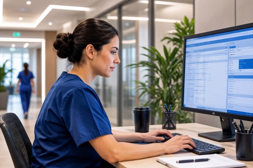A woman in blue scrubs with her hair in a bun sits at a desk typing on a keyboard while viewing a medical software interface on a large monitor, in a bright modern clinic hallway with glass partitions and a colleague walking in the background.