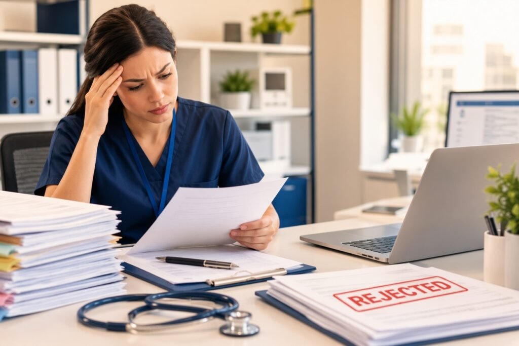Woman in blue medical scrubs sits at a desk looking stressed, holding papers with one hand while resting the other on her forehead; a red “REJECTED” stamp is visible on documents in the foreground next to a stethoscope, laptop, and stacks of paperwork.