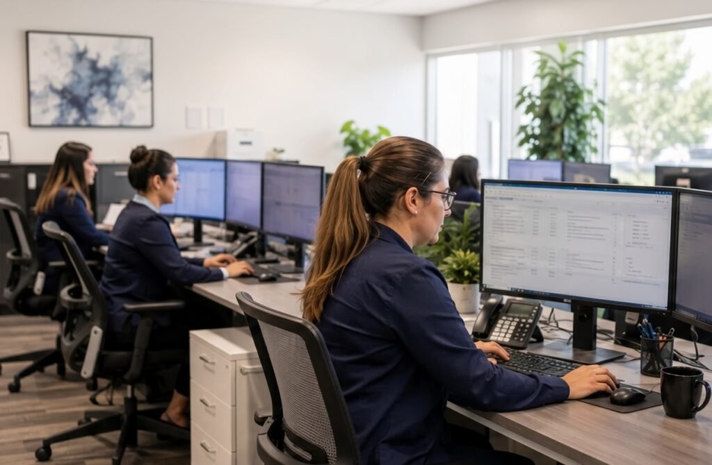 Team of medical billing professionals working at computers in a modern office.