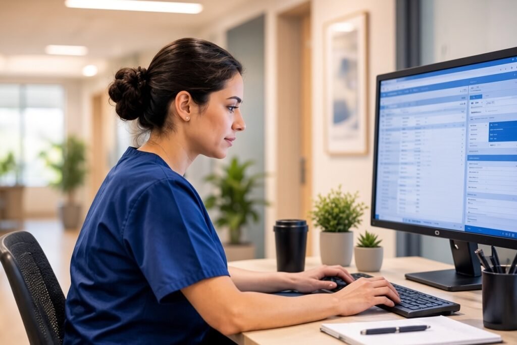 Female healthcare professional in navy blue scrubs working at a computer in a modern clinic office with medical software on screen