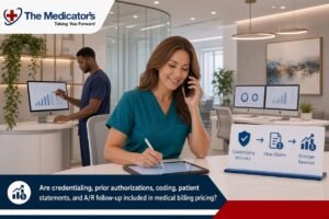 Are credentialing, prior authorizations, coding, patient statements, and A/R follow-up included in medical billing pricing?