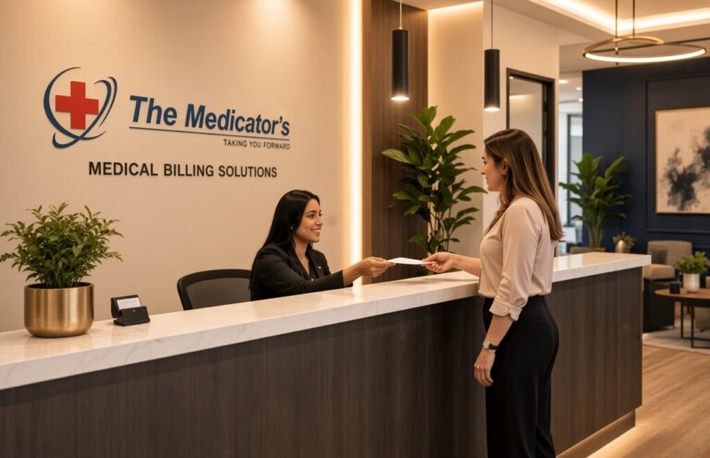 A smiling woman in a black blazer sits behind a modern marble-top reception desk, handing a document to a standing woman in a beige blouse and black trousers. The wall behind displays the logo and text “The Medicator’s – TAKING YOU FORWARD – MEDICAL BILLING SOLUTIONS.” Soft warm lighting illuminates the stylish office with plants and a seating area in the background.