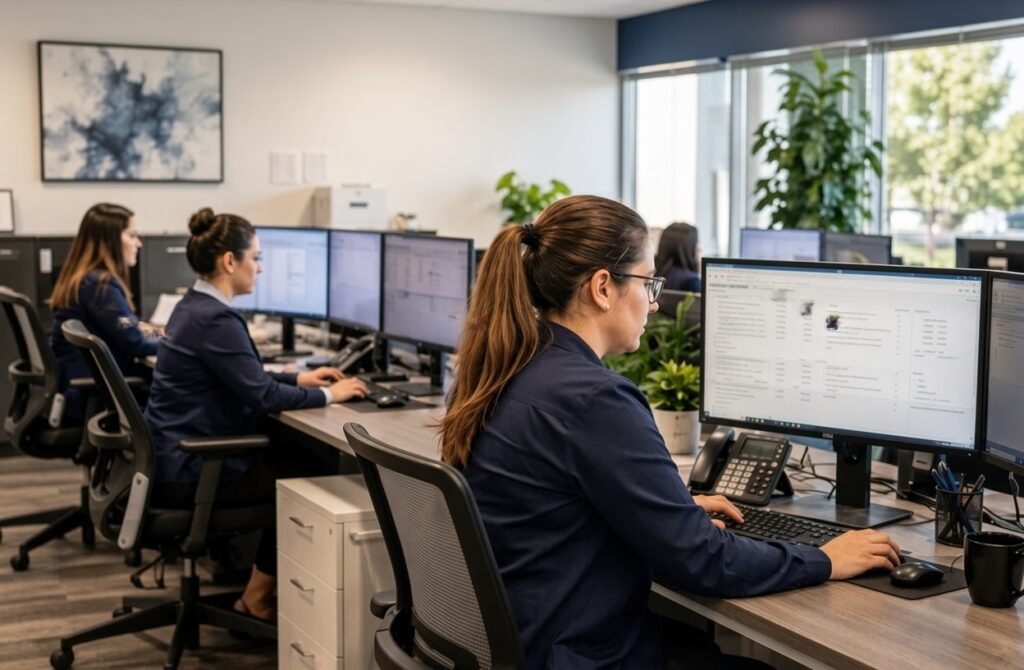 Three women in navy blue attire working at computers in a modern open-plan office with large windows and plants.