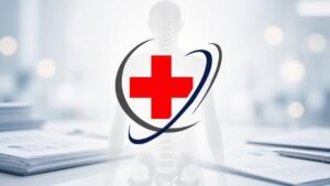 Professional medical image featuring a red cross logo with gray and blue orbital rings centered over a translucent human spine silhouette, with blurred paperwork and charts on a white desk in soft clinical blue lighting.