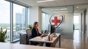 A high-end office in Texas showing a professional administrator at a minimalist desk, with a medical cross logo subtly featured on a glass background wall under soft, natural lighting.