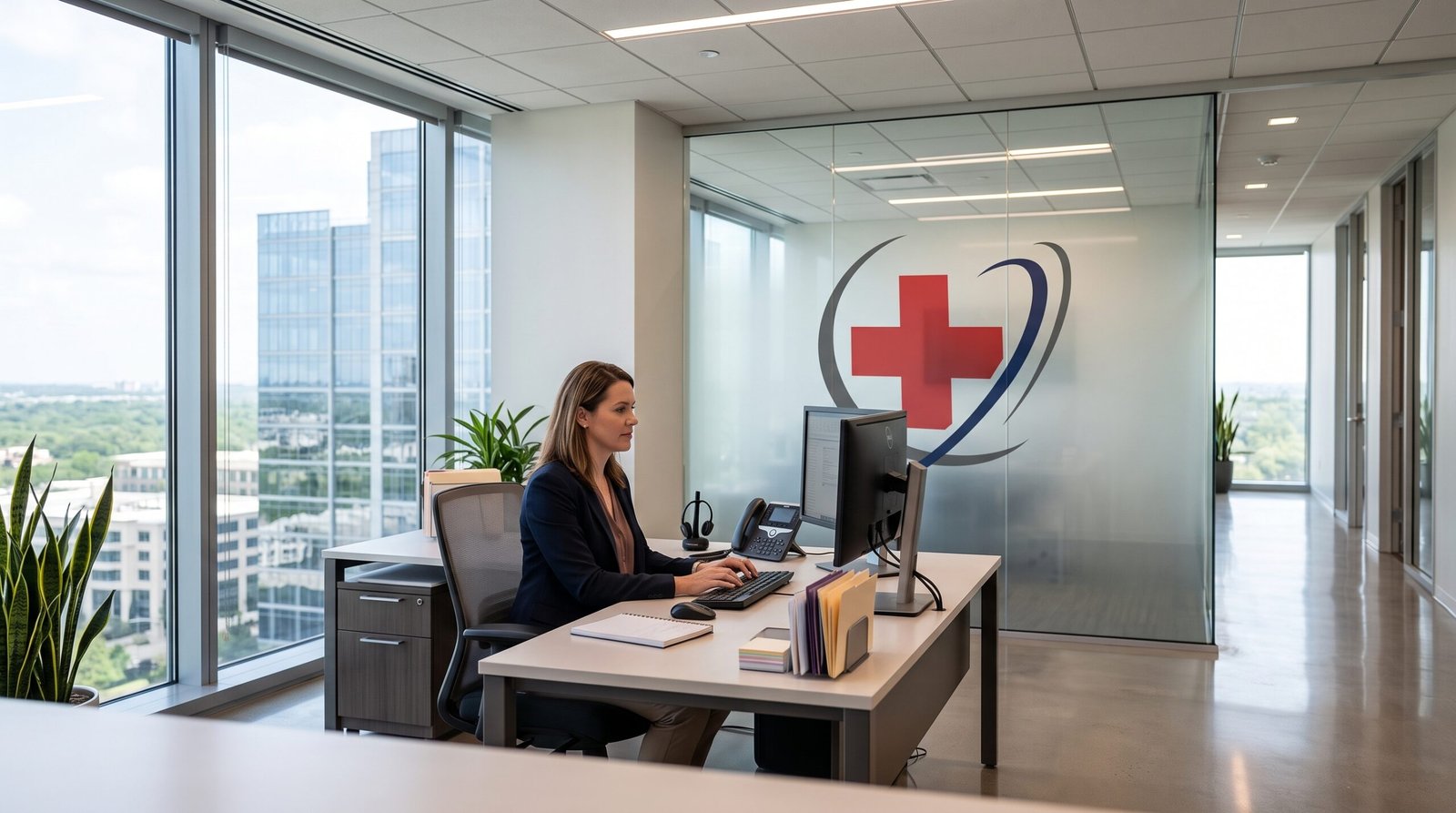 A high-end office in Texas showing a professional administrator at a minimalist desk, with a medical cross logo subtly featured on a glass background wall under soft, natural lighting.