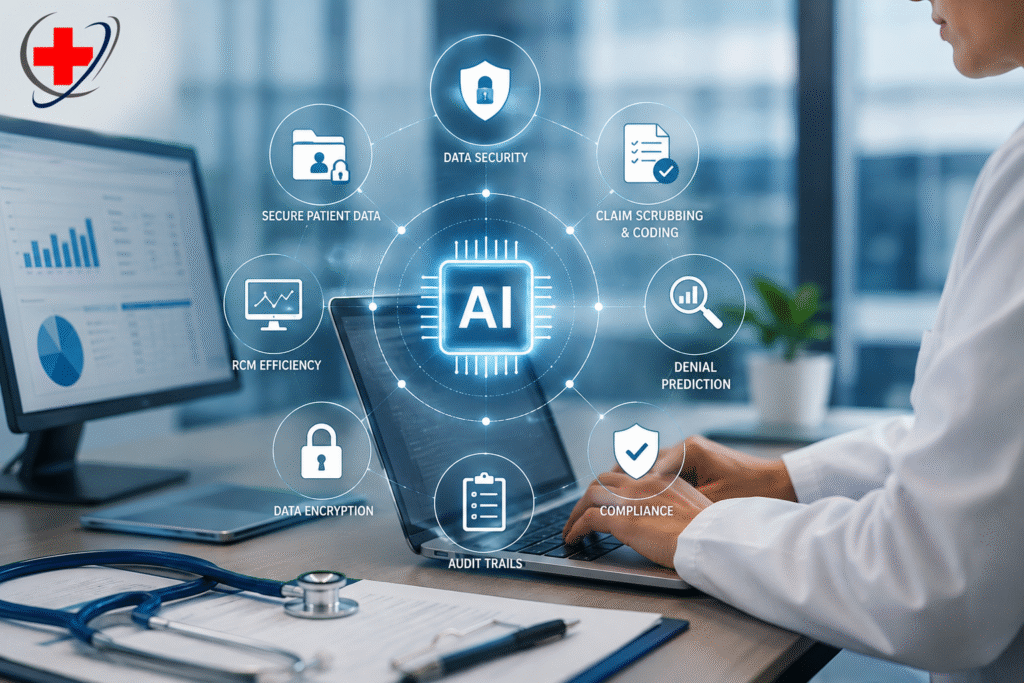 HIPAA-compliant AI technology supporting secure healthcare revenue cycle management, claim scrubbing, coding, denial prediction, data encryption, compliance, and audit trails.