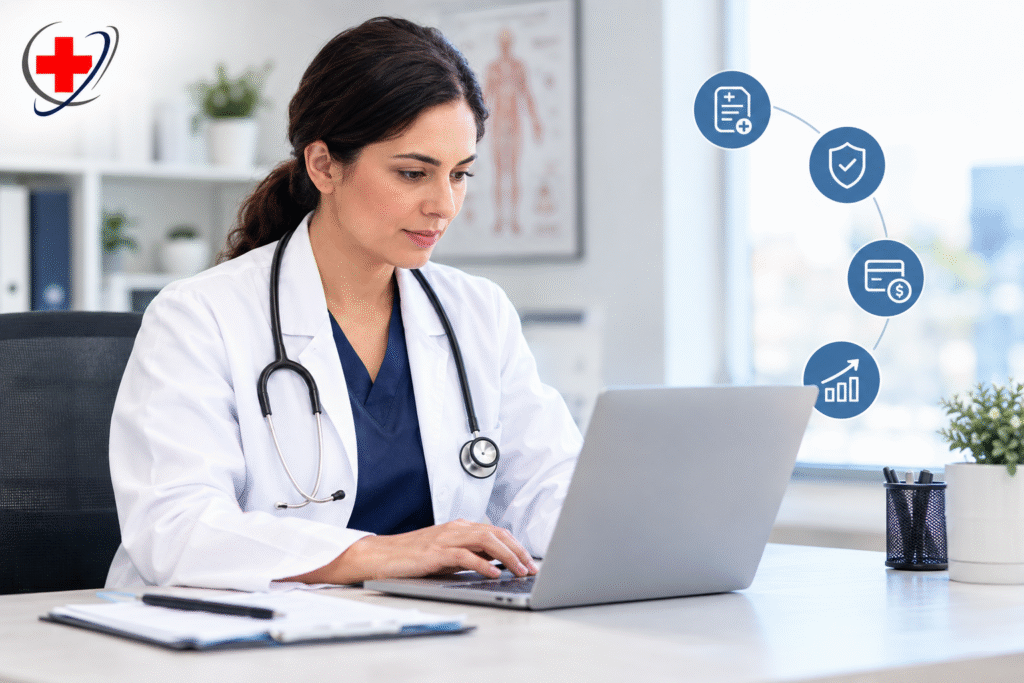 A female doctor in a white coat and stethoscope typing on a laptop at her desk, with digital healthcare and billing service icons floating nearby.