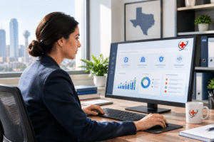 Professional healthcare administrator reviewing medical revenue cycle management data on a computer with The Medicator’s logo.