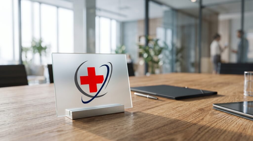 Modern executive conference table with a glass desk sign displaying a red cross medical logo alongside a clipboard, pen, and digital tablet in a bright medical administrative office