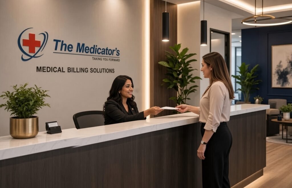 A smiling woman with dark wavy hair in a black blazer sits behind a modern white-and-wood reception desk, handing a white document to a standing woman with long light-brown hair wearing a beige blouse and black pants. The wall behind the desk displays the logo and text “The Medicator’s – Taking You Forward – Medical Billing Solutions.” The bright office features green plants, pendant lights, and a waiting area in the background.