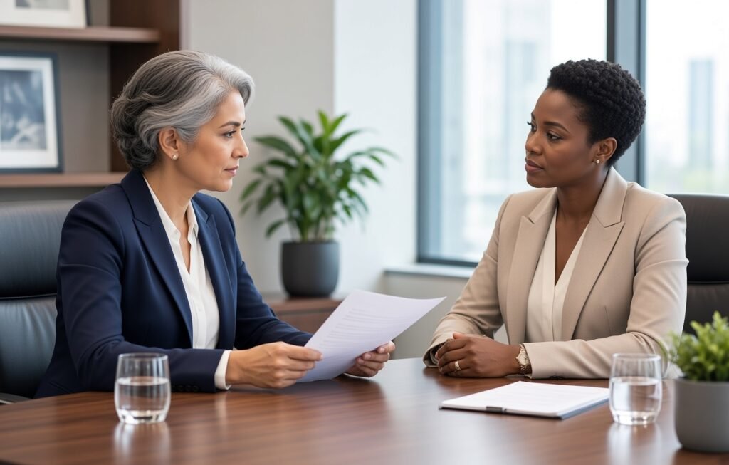 Two professional women mediators seated across a wooden conference table in a modern office, one holding a document while both engage in a focused discussion.