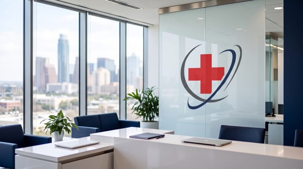 A minimalist, modern medical office interior in Texas with a soft-focus city skyline in the background and a clean healthcare logo integrated into the scene.