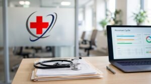 Healthcare revenue cycle dashboard displaying claim denial reduction analytics and A/R recovery metrics