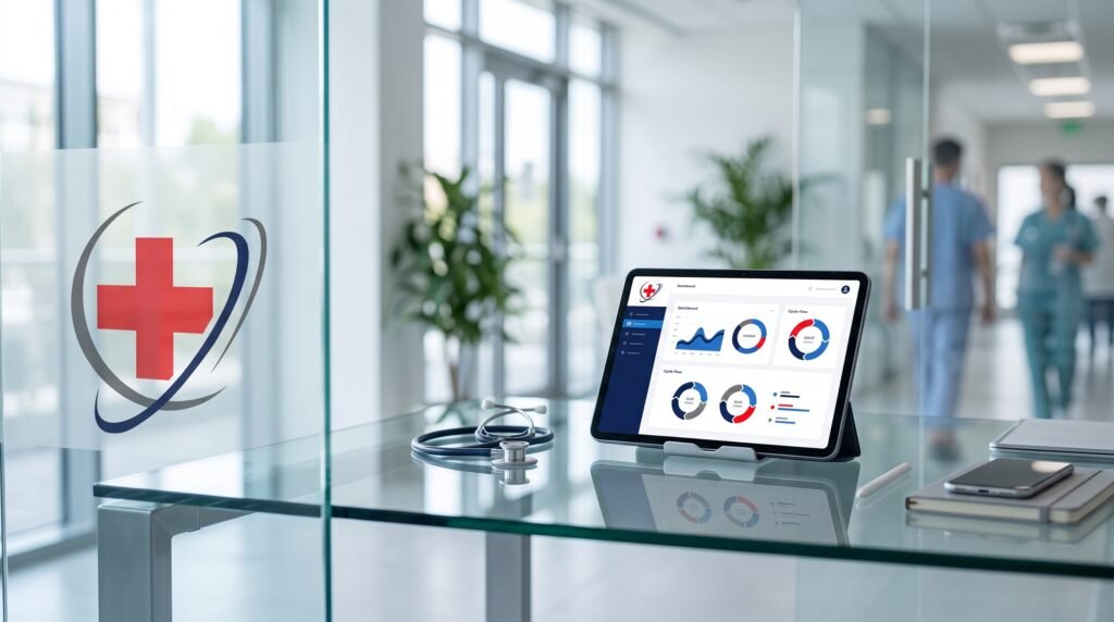 A realistic and high-end clinical office desk setting with a soft-focus background, featuring the healthcare practice's logo integrated into a sleek glass partition to represent professional RCM services.