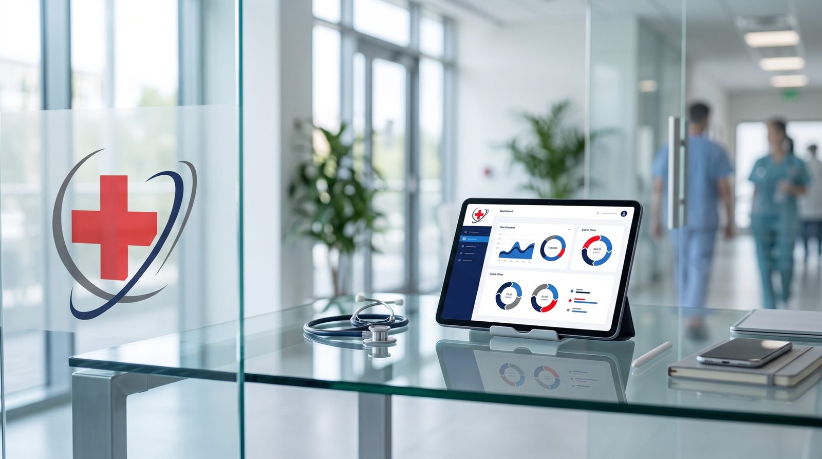 A realistic and high-end clinical office desk setting with a soft-focus background, featuring the healthcare practice's logo integrated into a sleek glass partition to represent professional RCM services.
