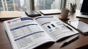 An open NY Healthcare Partners Credentialing and Enrollment Report on a wooden desk displaying vendor turnaround times, NYS Medicaid checklists, and revenue cycle impact analytics next to a pen, coffee mug, and digital tablet.
