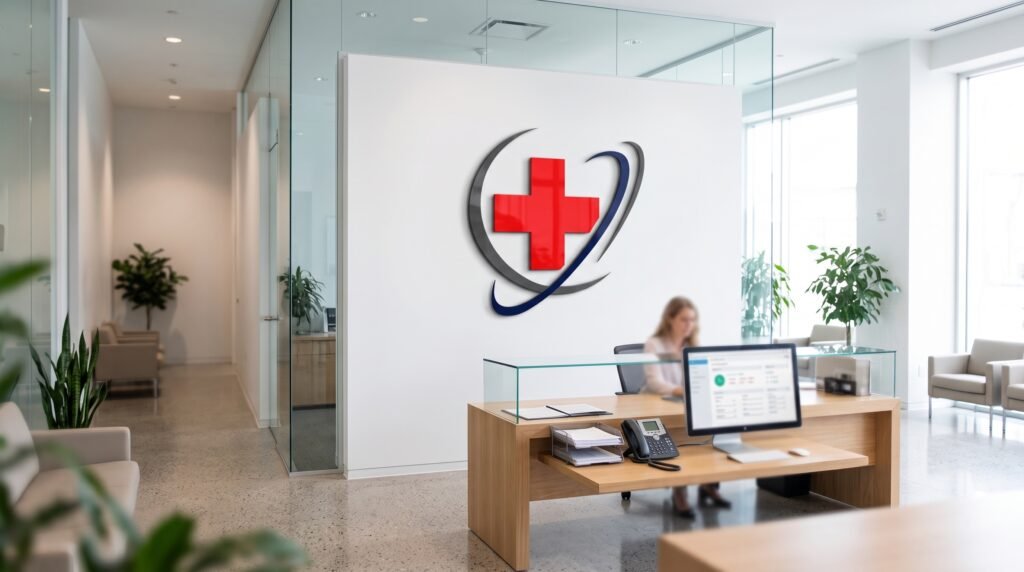 A high-end, minimalist medical workspace featuring a stethoscope and a digital tablet displaying a clean healthcare logo, set against a bright and airy clinical background.