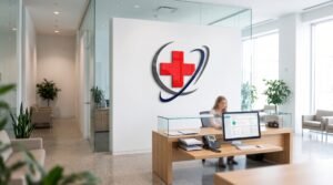A high-end, minimalist medical workspace featuring a stethoscope and a digital tablet displaying a clean healthcare logo, set against a bright and airy clinical background.