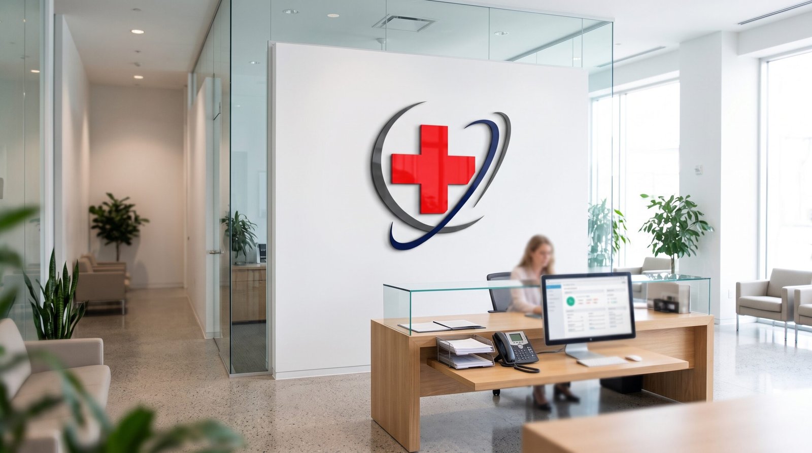 A high-end, minimalist medical workspace featuring a stethoscope and a digital tablet displaying a clean healthcare logo, set against a bright and airy clinical background.