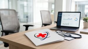 Modern medical office desk displaying a folder with a medical logo, stethoscope, clipboard, and open laptop showing dental billing companies financial performance metrics