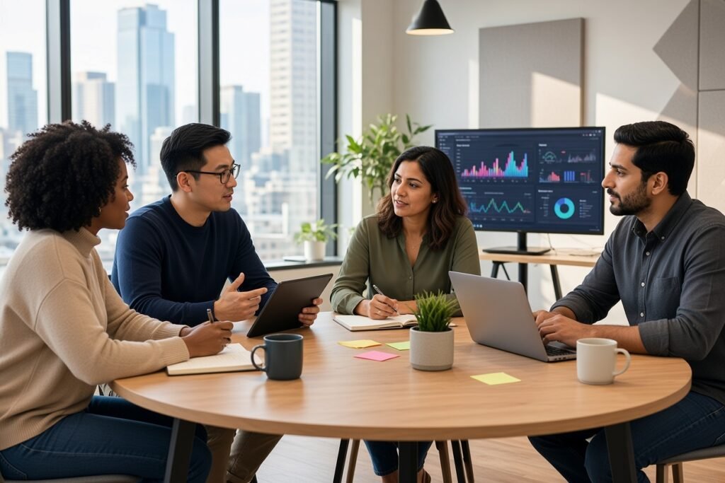 Four diverse professionals sit around a round light-wood table in a bright modern co-working space, collaborating with notebooks, a tablet, and a laptop while a large monitor displays colorful data charts behind them and a city skyline is visible through floor-to-ceiling windows.