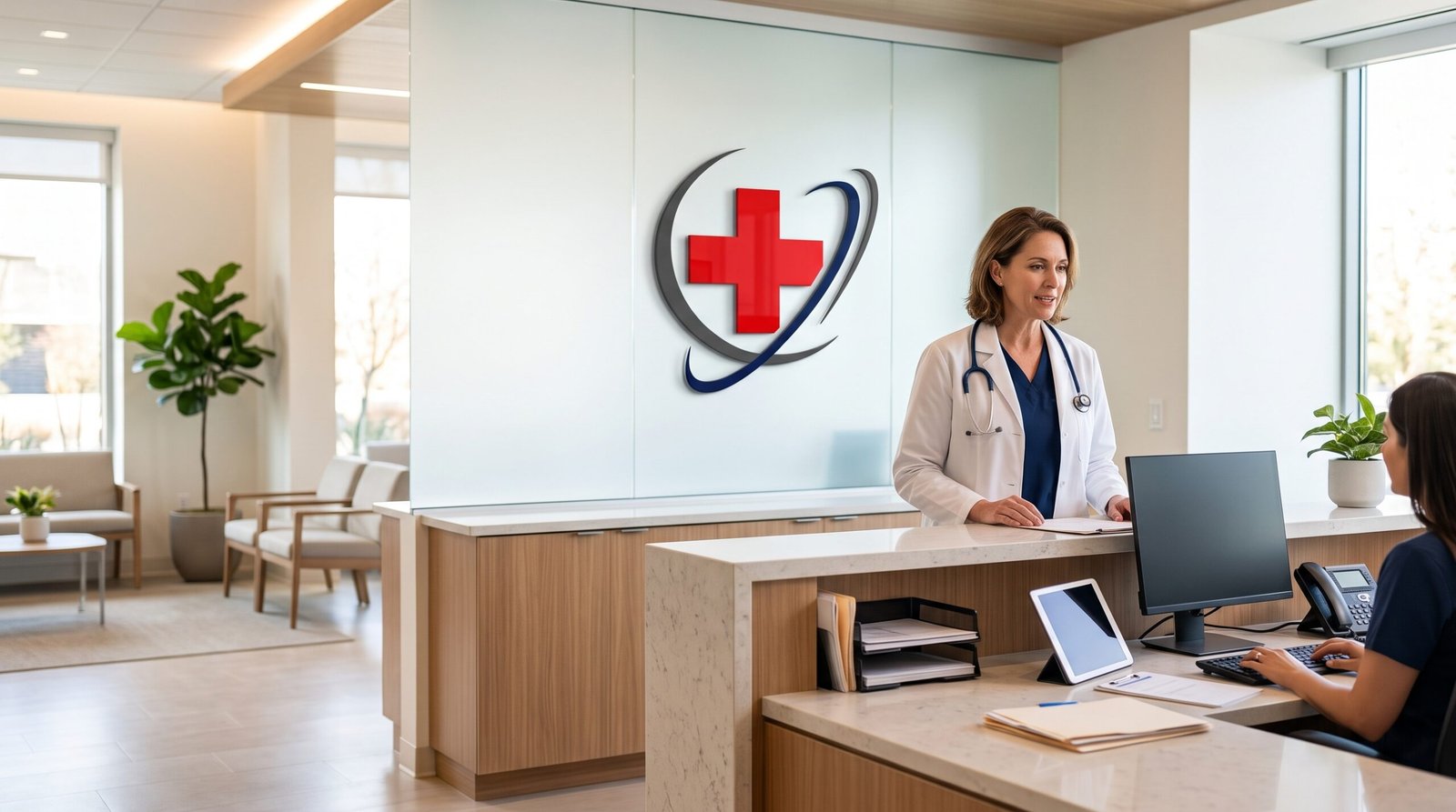 Healthcare provider and administrative staff in a bright, modern medical practice reception area with a medical cross logo on the wall.