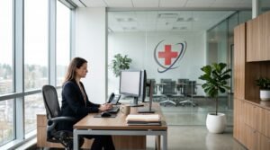A professional woman working at a minimalist wooden desk in a bright, modern healthcare office with a red cross logo visible on a glass partition.