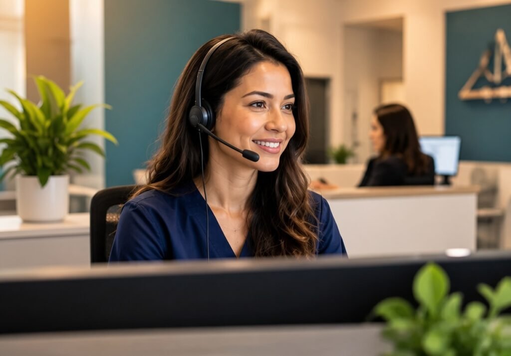 Smiling woman with long wavy brown hair wearing a black headset and navy blue top, seated at a desk in a modern office with teal walls and green plants.