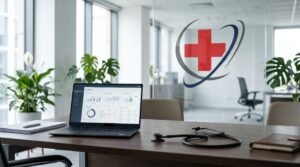 Black stethoscope next to an open laptop displaying financial analytics dashboards on a wooden desk inside a modern corporate medical billing office with a glass partition featuring a medical emblem.