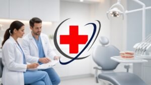 Professional dental office scene with a female and male dentist in white coats reviewing charts together, a modern dental chair and equipment in the background, and a red medical cross logo with gray and blue orbital rings centered in the foreground.