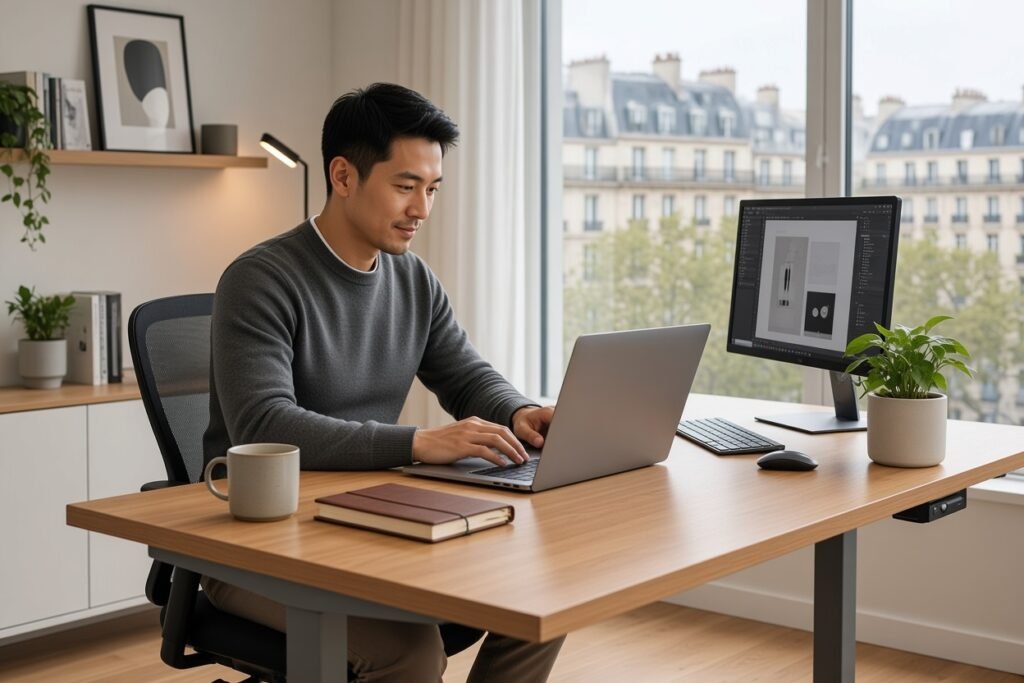 A young East Asian man in a gray sweater sits at a light-wood standing desk in a bright modern home office, typing on a laptop beside an external monitor displaying design software, with a European cityscape visible through large windows.