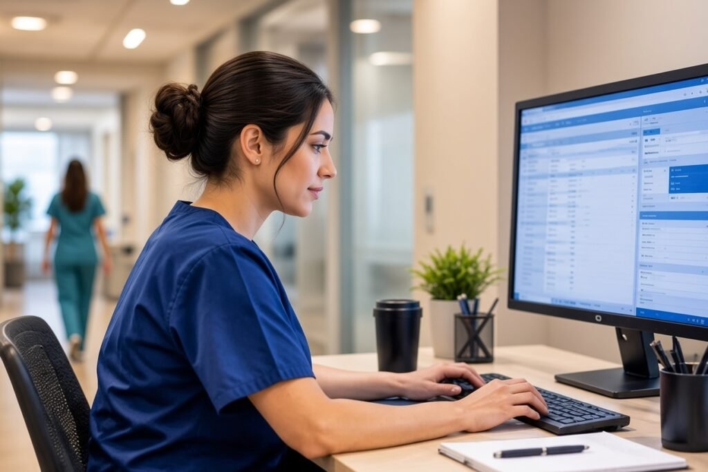 A woman with dark hair in a neat bun, wearing navy blue medical scrubs, sits in profile at a light wooden desk typing on a keyboard while viewing a computer monitor displaying a blue medical software interface. In the softly lit hallway background, another healthcare worker in teal scrubs walks away. The desk holds a black travel mug, a small green plant, pens, and a notebook.