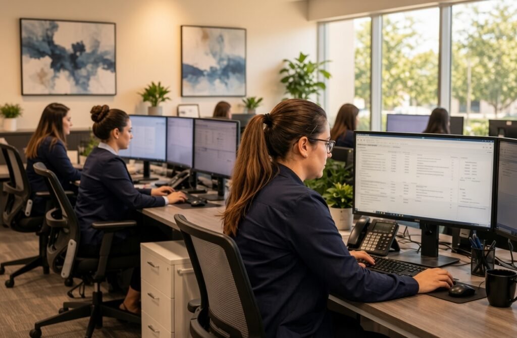 A professional woman with a brown ponytail and glasses sits in the foreground at a wooden desk, typing on a keyboard while looking at dual computer monitors displaying documents. Behind her, several other women in navy blue attire work at similar desks with multiple screens in a bright, modern open-plan office featuring large windows, green plants, and abstract blue artwork on the walls.